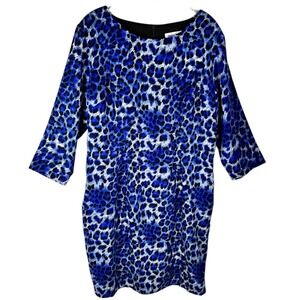Shelby & Palmer Dress L Blue Leopard Print Sheath 3/4 Sleeve Animal Career
